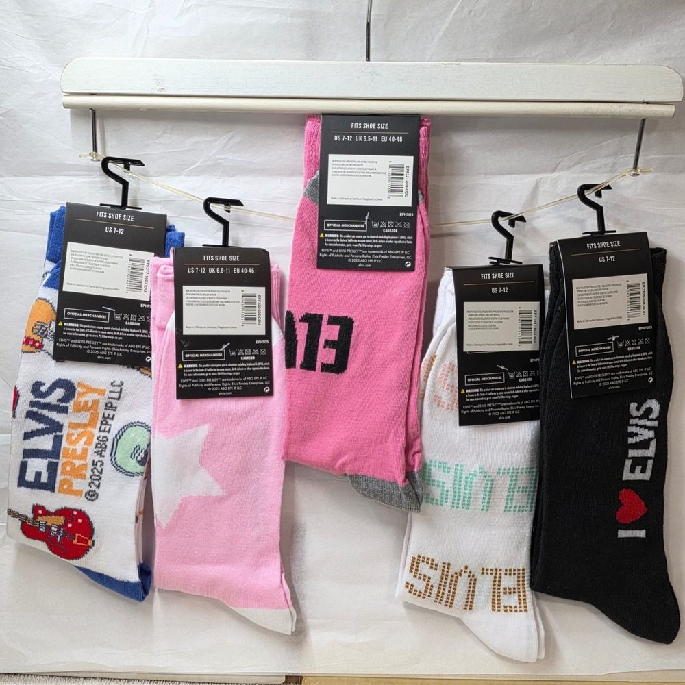 Elvis Presley Crew Socks 5 Pair Set Love Me Tender Rock N Roll Pink White Black - Picture 2 of 7
